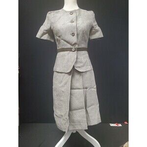 MAX MARA Gray Linen Silk Blend Short Sleeve Jacket Faux Wrap Midi Skirt Suit 8